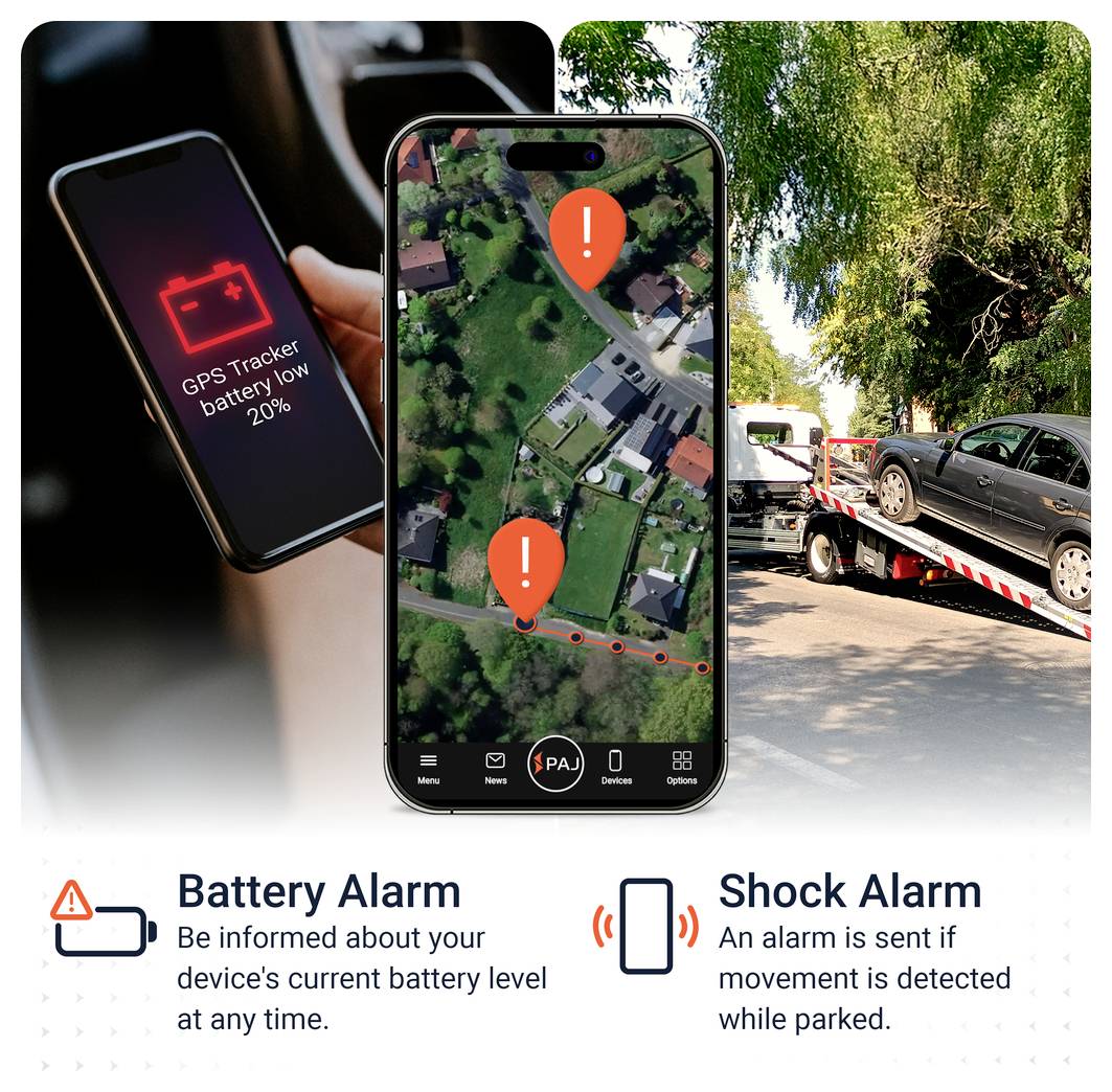 Reklamní grafika pro GPS Tracker: nízký stav baterie, mapa polohy s maркерами alarmu a odtah auta; dole texty o alarmu baterie a alarmu vibrací.