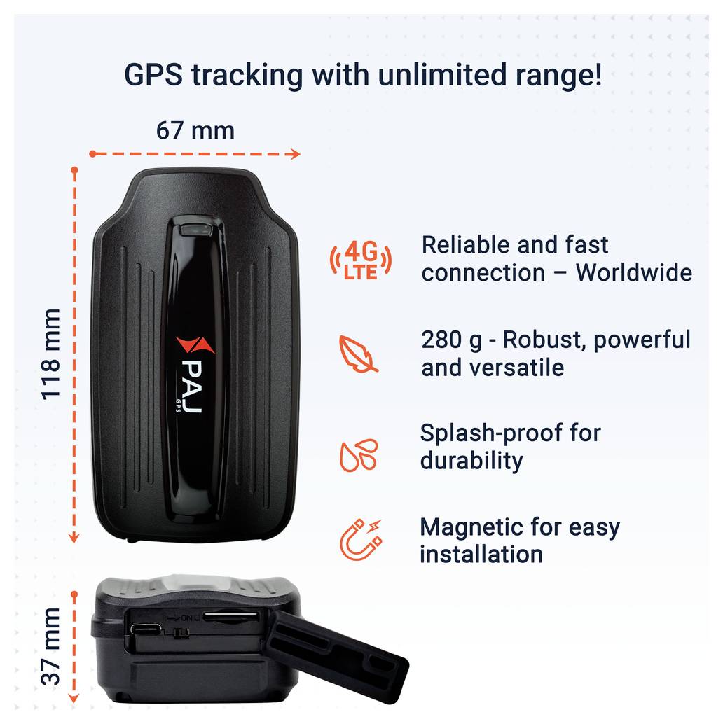 Reklamní grafika GPS trackeru od PAJ s rozměry 67 x 118 x 37 mm; jsou uvedeny 4G/LTE, 280 g, ochrana proti stříkající vodě a magnetické upevnění.