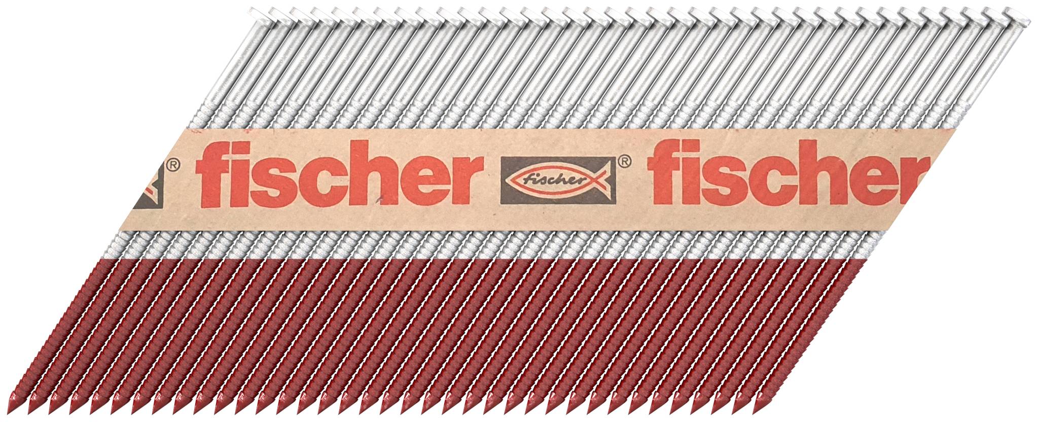 Krabice značky Fischer s červeno-bílými vroubkovanými hmoždinkami nebo kotvami, zobrazena v úhlopříčně orientovaném balení produktu