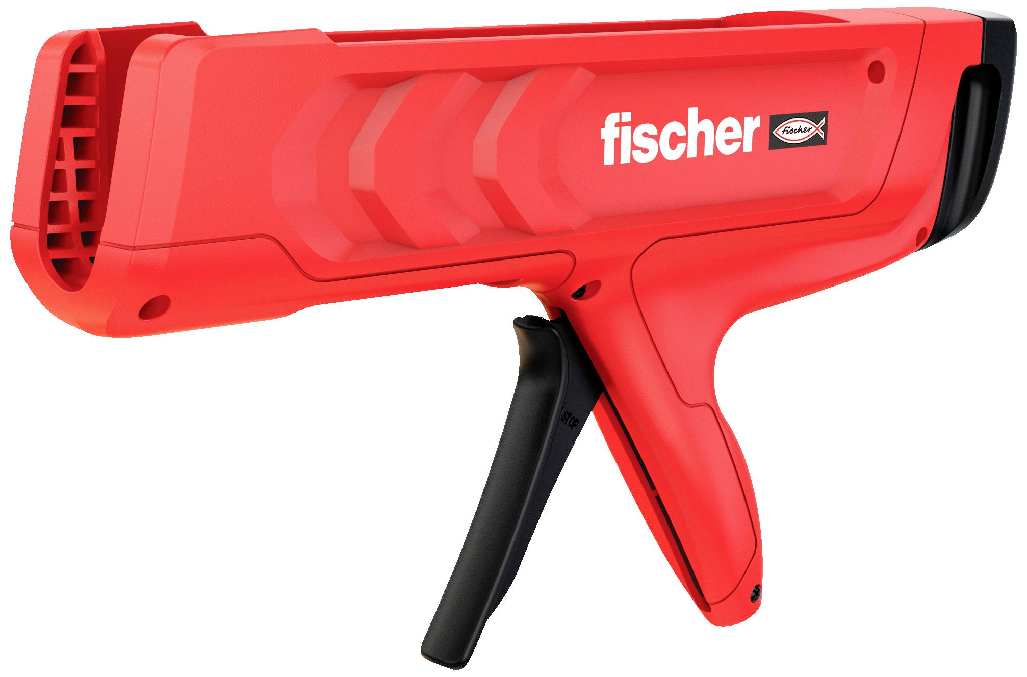Červený nástroj s rukojetí, který vypadá jako sponkovačka. Na krytu je napsáno 'Fischer'. Pravděpodobně se používá k upevňování materiálů.