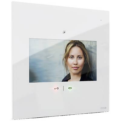 Digitální nástěnné zařízení s displejem zobrazujícím obraz ženy. Pod ním dvě kontrolky: jedna červená s klíčovým symbolem a jedna zelená LED.