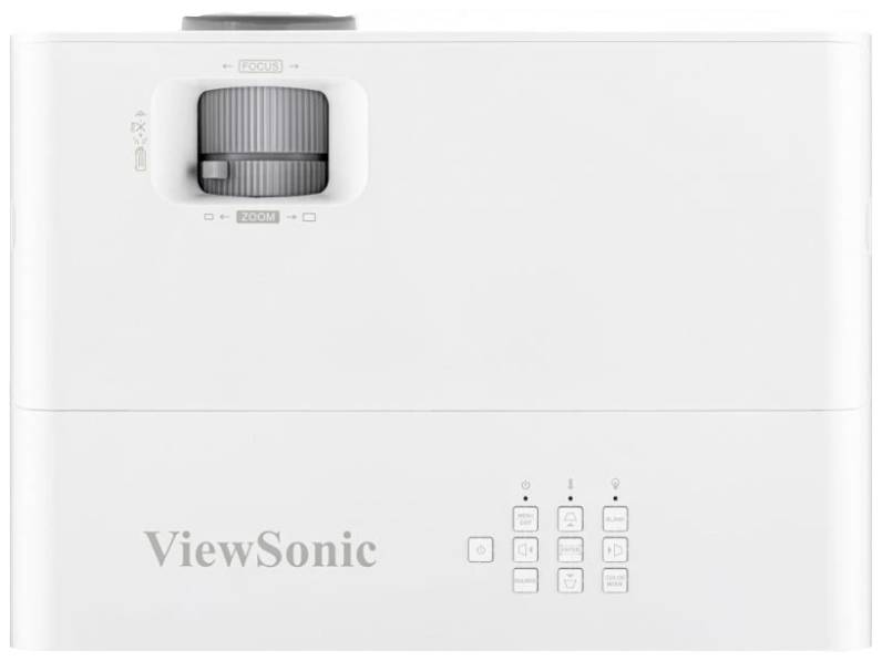 Projektor značky ViewSonic s ovládacími tlačítky na horní straně a kolečkem pro přiblížení/oddálení.