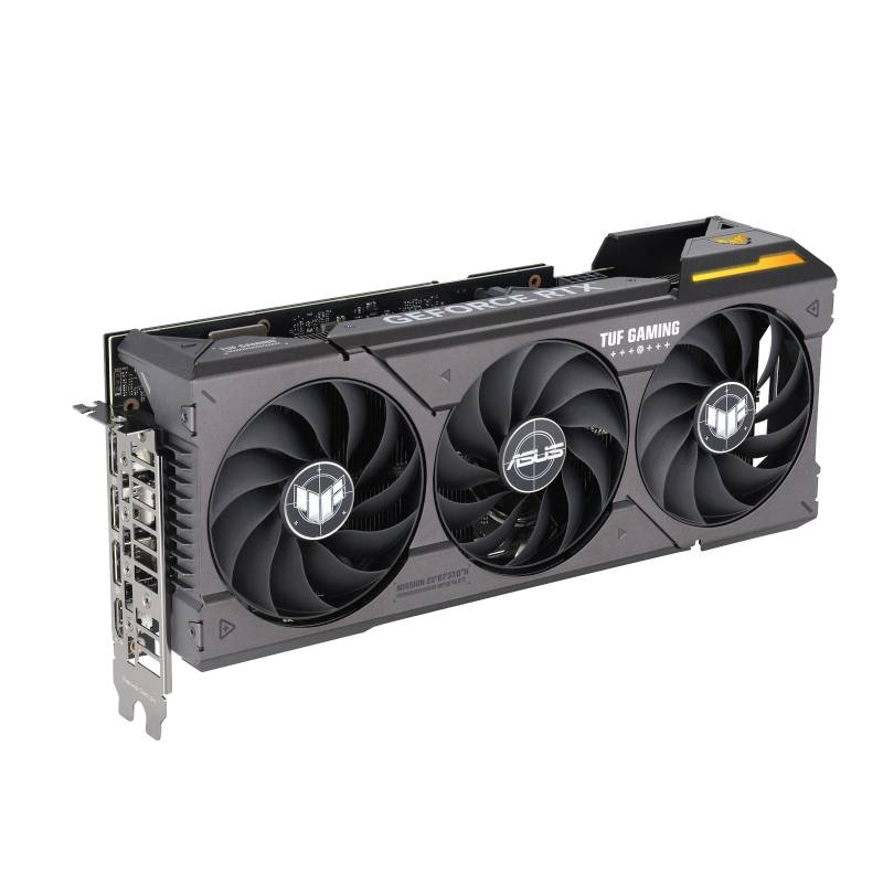 Černá grafická karta ASUS TUF Gaming se třemi ventilátory, zobrazující přední stranu s konektory na levé straně.