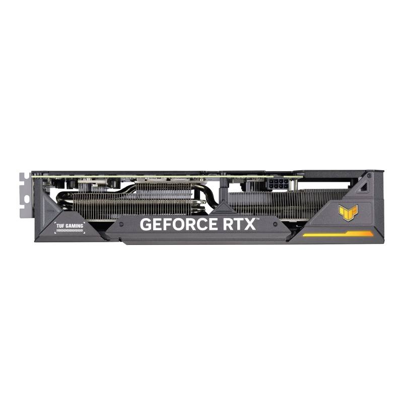 Grafická karta GeForce RTX s chladicími žebry v jednoduchém designu, pohled z boku. Viditelné logo TUF Gaming a žluté akcenty.