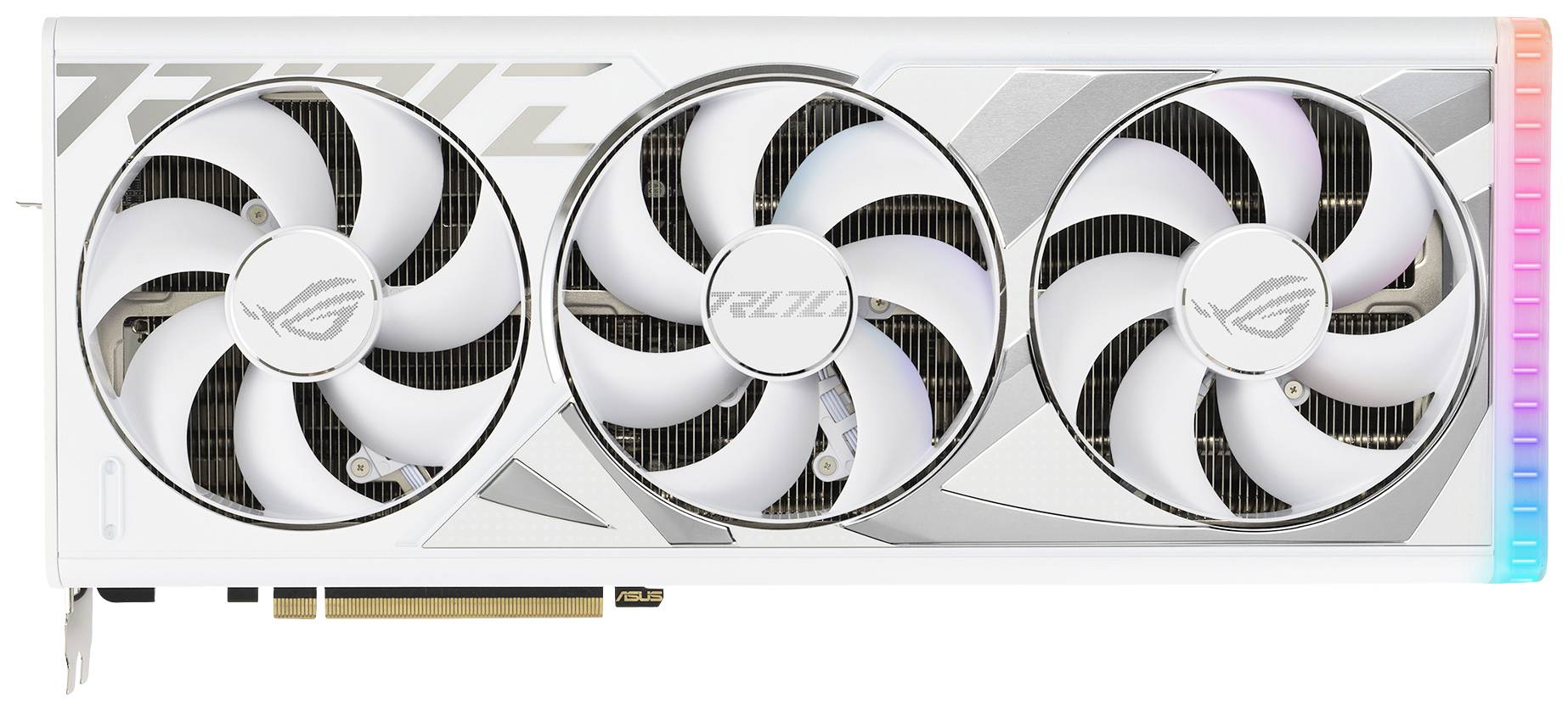 Bílá grafická karta se třemi ventilátory a RGB osvětlením vpravo. Logo ROG na každém ventilátoru. Navržena pro výkonné hraní her.