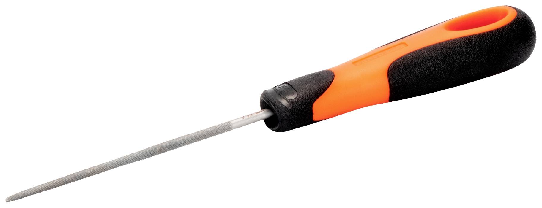 Pilník s ergonomickou černooranžovou rukojetí, vhodný pro jemné broušení a tvarování materiálu.