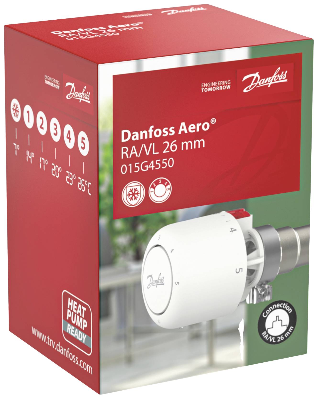 Červený obal termostatické hlavice Danfoss RA/VL 26 mm se stupnicí a logem. Obrázek produktu vpravo, technické detaily vlevo.