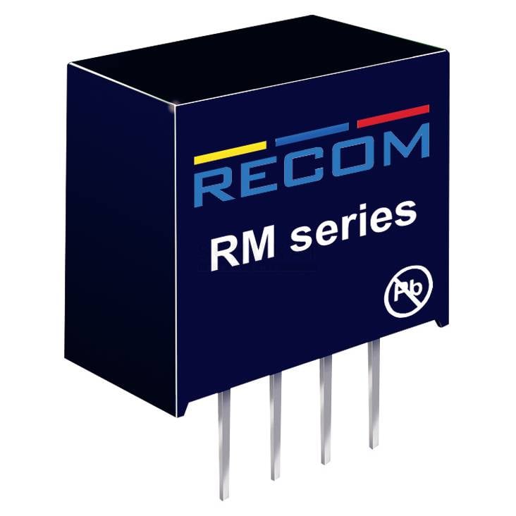 Modrý obdélník s nápisem 'RECOM RM series' a šipkou směřující dolů. Elektronická komponenta se čtyřmi nožičkami dole.