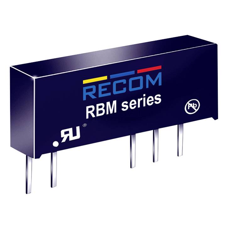 Modul řady RBM od společnosti RECOM, obdélníková elektronická součástka s pěti připojovacími kolíky a nápisem firemní značky.