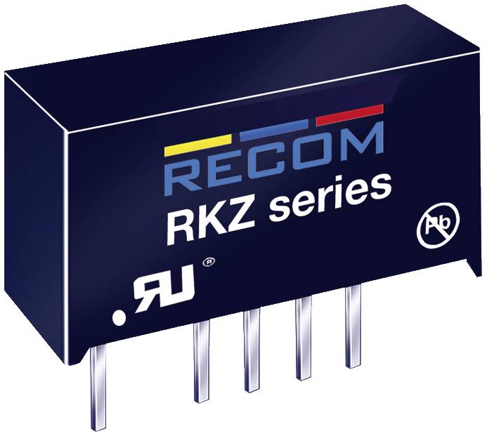 Černá obdélníková elektrická součástka série RECOM RKZ se šesti kovovými kolíky na spodní straně.
