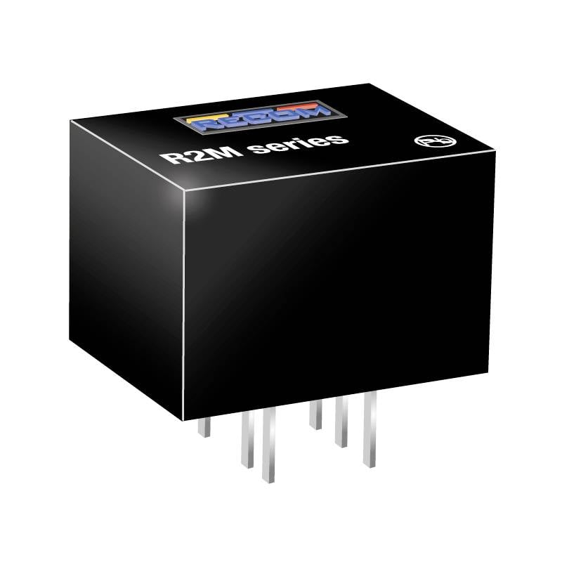 Černé elektronické relé série R2M. Má několik připojovacích bodů na spodní straně.