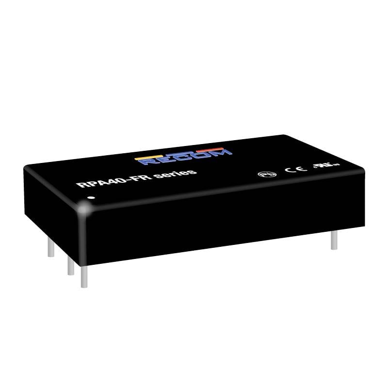 Černý elektronický modul série RPA40-FR s popisky a několika připojovacími kolíky, vhodný pro průmyslové aplikace.