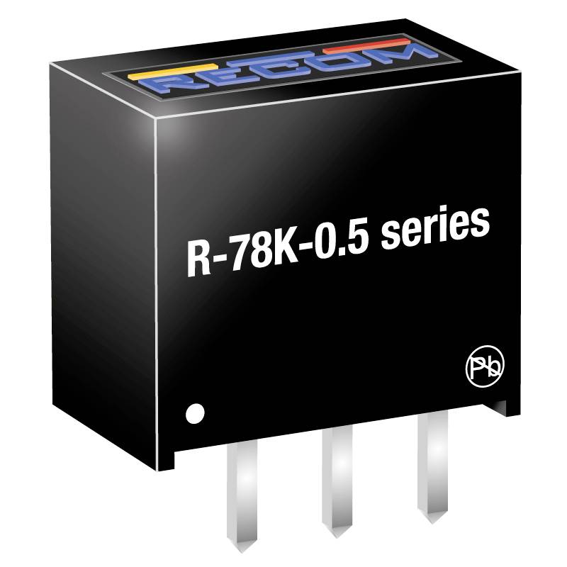 Napěťový měnič série 'R-78K-0.5' se třemi piny je obdélníkový, černý a nahoře má logo 'RECOM'.