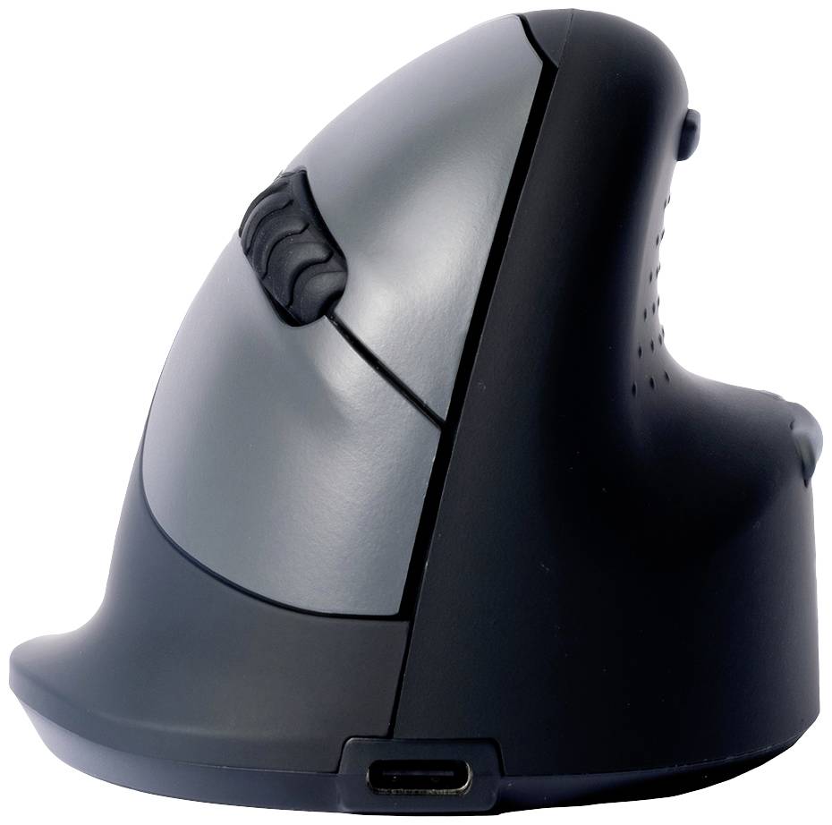 Ergonomická vertikální počítačová myš s kolečkem pro scrollování a USB-C připojením, navržená k prevenci namáhání zápěstí.