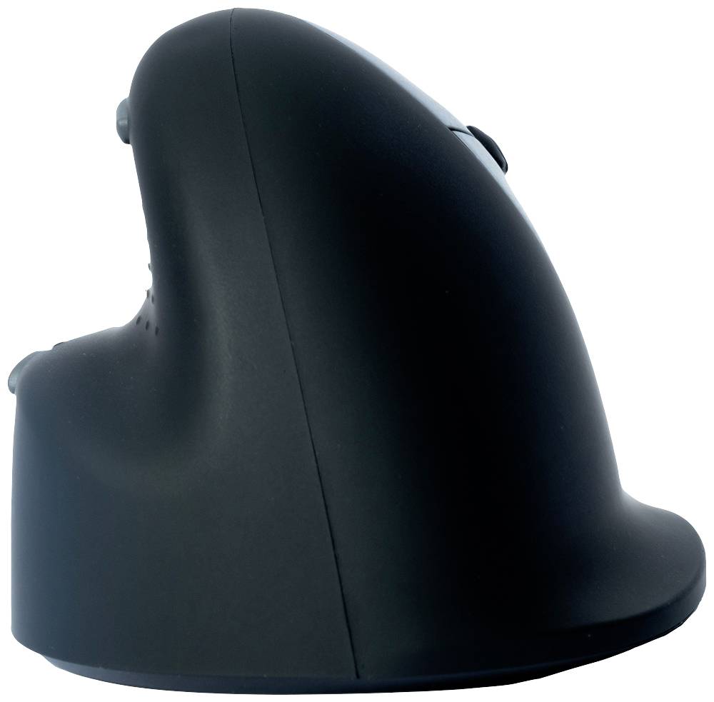 Ergonomická vertikální počítačová myš v černé barvě, boční pohled.