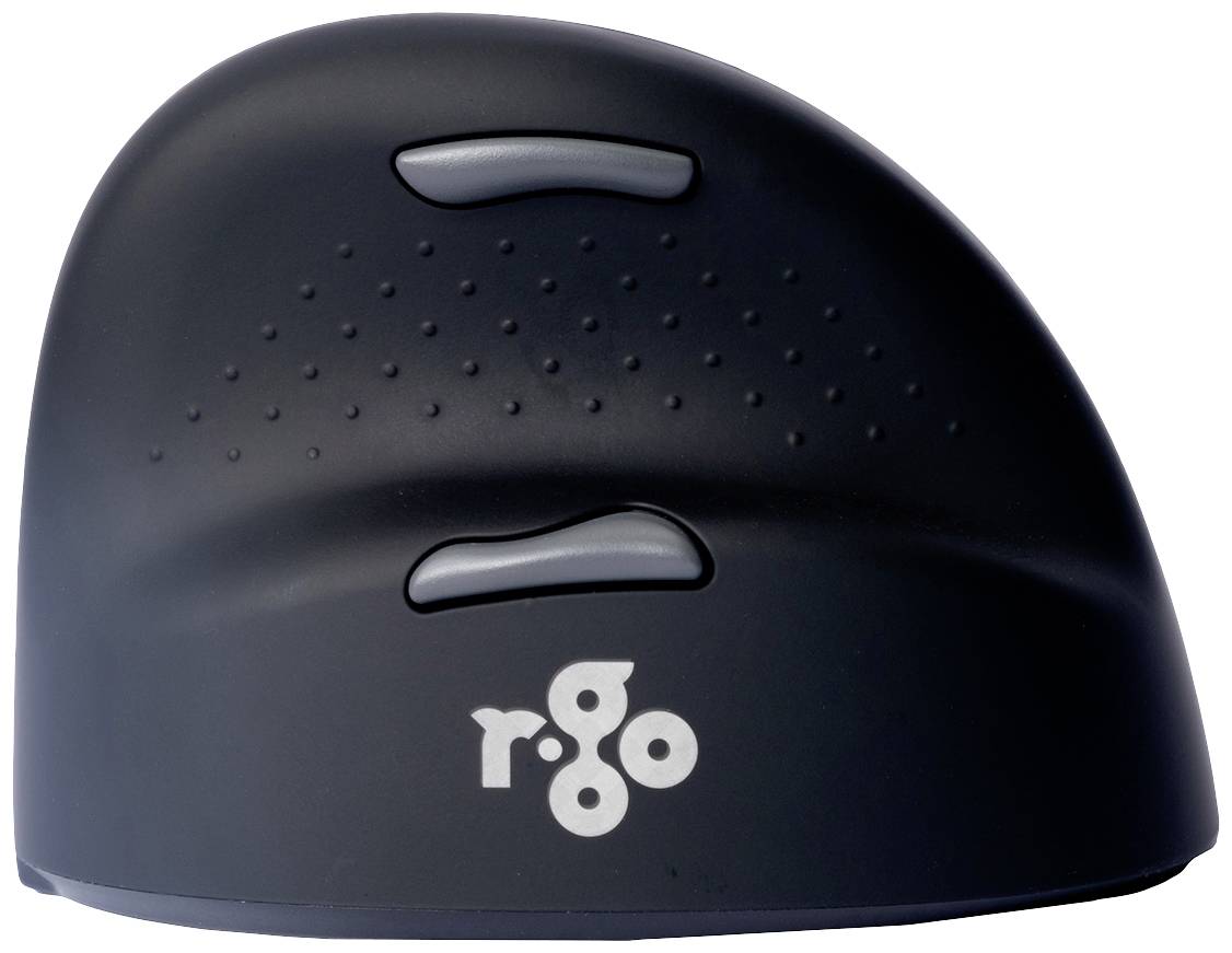 Černá ergonomická vertikální myš se dvěma viditelnými tlačítky a logem 'rgo' na přední straně. Navržena pro odlehčení zápěstí.