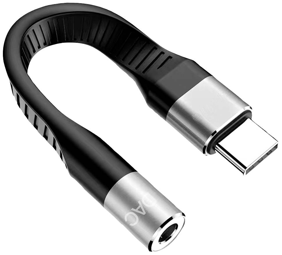 USB-C na 3,5mm jack adaptér, černý se stříbrnými konektory, umožňuje připojení sluchátek k zařízením bez standardního sluchátkového vstupu.