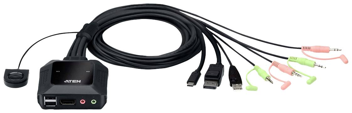 KVM přepínač s několika kabely a konektory, včetně HDMI, USB, audia a mikrofonu. Slouží k připojení několika zařízení k jednomu monitoru.
