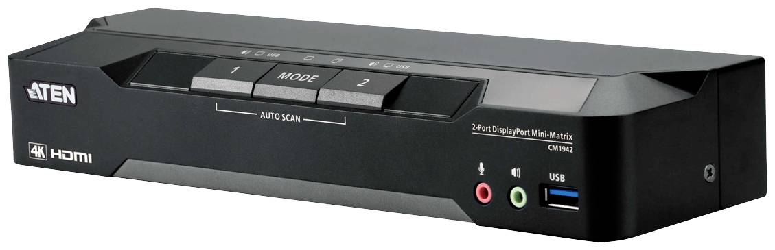 Černý 2-portový HDMI KVM přepínač od společnosti ATEN s podporou 4K, vybavený dvěma HDMI porty, audio vstupem/výstupem a USB porty.