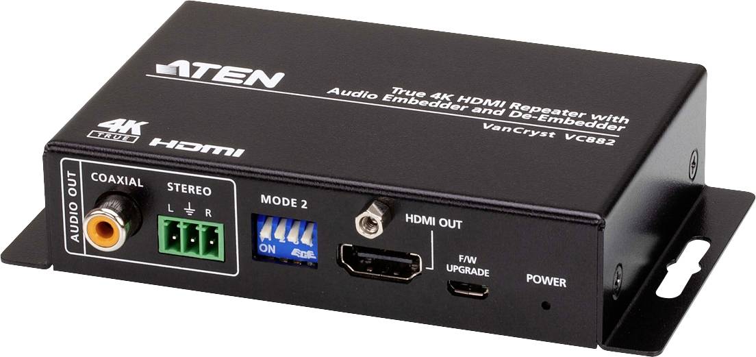 Černý HDMI repeater s audio embedderem a de-embedderem, značka ATEN, model VC882. Konektory a přepínače jsou viditelné.