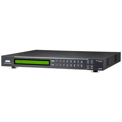 Černý HDMI přepínač s několika vstupními a výstupními tlačítky a zeleným indikačním polem na přední straně.
