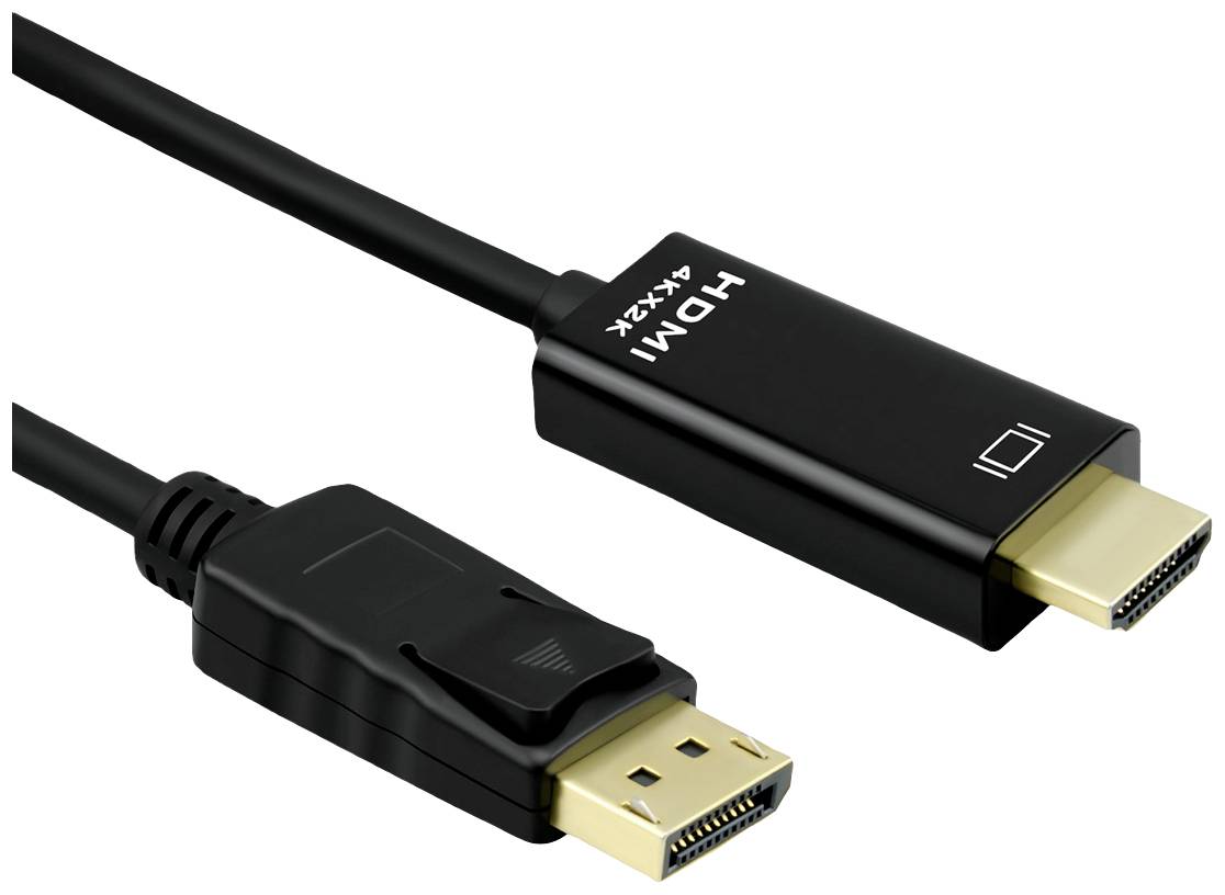 HDMI-DisplayPort kabel propojuje zařízení s různými videoporty. Vlevo konektor DisplayPort, vpravo konektor HDMI.