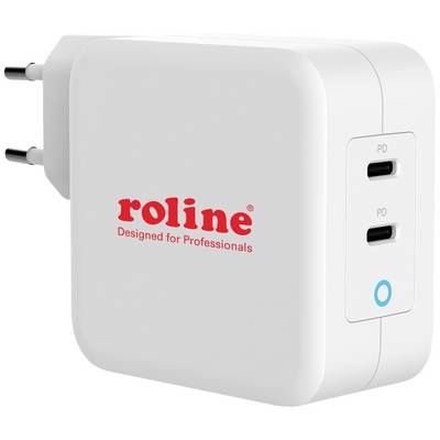 Bílá USB nabíječka se dvěma USB-C porty s nápisem "roline Designed for Professionals" v červené barvě.