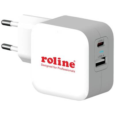Bílá USB nabíječka se dvěma porty, USB-C nahoře a USB-A dole, značka 'roline', text 'Navrženo pro profesionály'.