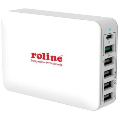 Bílá vícenásobná zásuvka se čtyřmi USB porty, z nichž jeden je zvýrazněn zeleně. Název značky 'roline' a slogan 'Navrženo pro profesionály' v červené barvě.