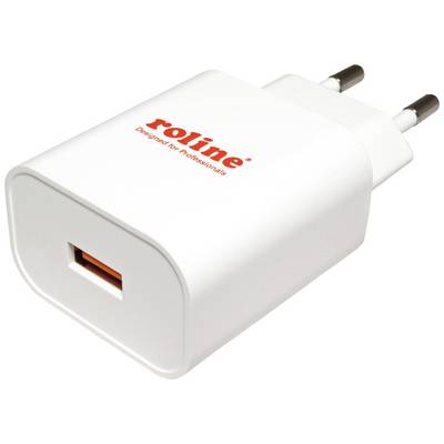 Bílá USB nabíječka s nápisem 'roline Navrženo pro profesionály' v červeném písmu, evropská zástrčka.