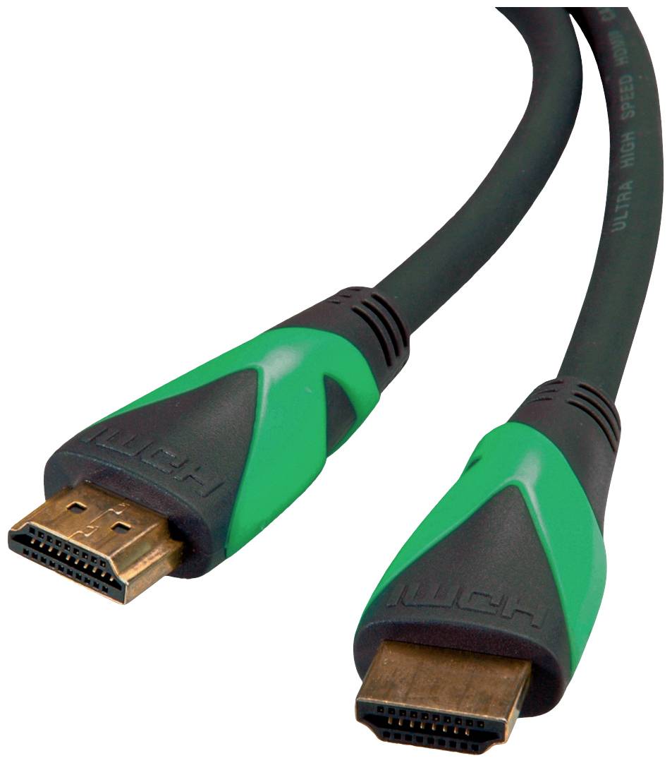 Černý HDMI kabel se zelenými akcenty a dvěma HDMI konektory, vhodný pro propojení audiovizuálních zařízení.