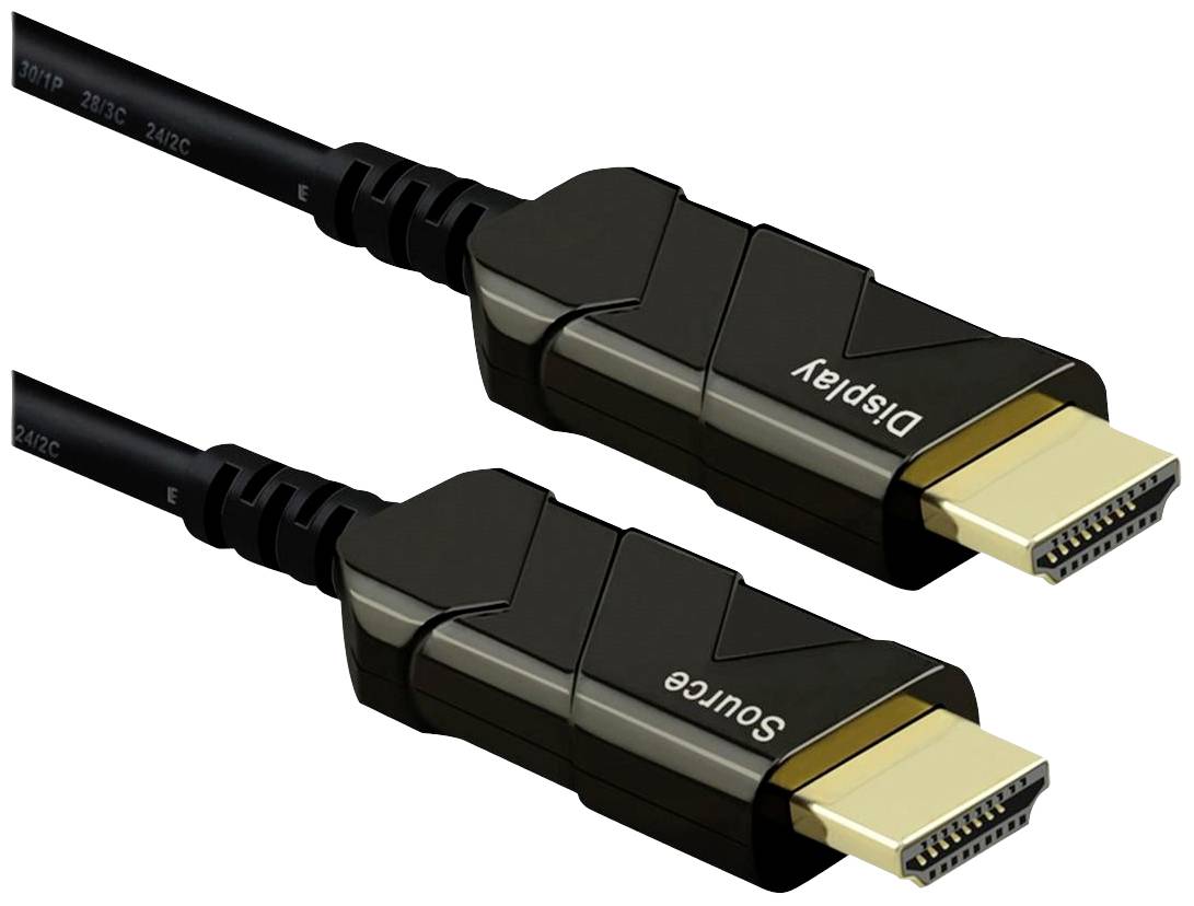 Dva černé HDMI kabely s koncovkami z pozlaceného kovu. Jedna z koncovek je označena nápisem 'Display', druhá nápisem 'Source'.