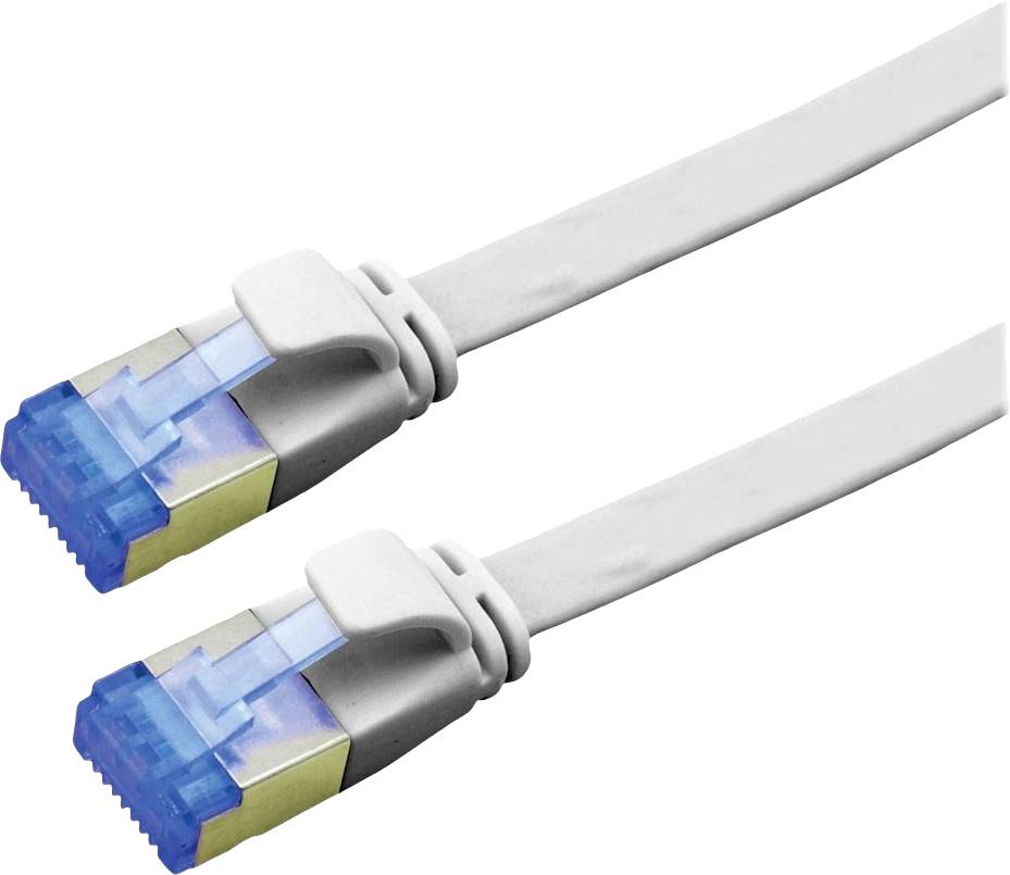 Bílý síťový kabel se dvěma modrými konektory na koncích, vhodný pro datové připojení v IT prostředí.