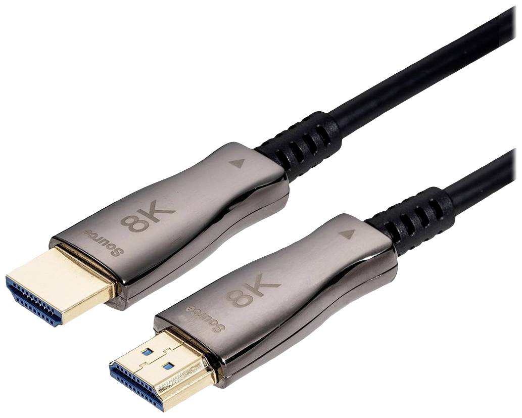 Dva černé HDMI kabely se zlatými konektory a označením '8K Source'. Vhodné pro přenos obrazu v rozlišení 8K.