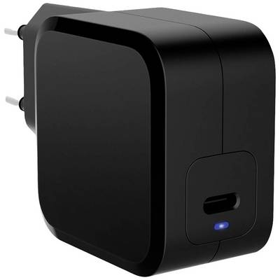Černá USB-C nabíječka s evropskou zástrčkou a modře svítící LED indikací na přední straně.