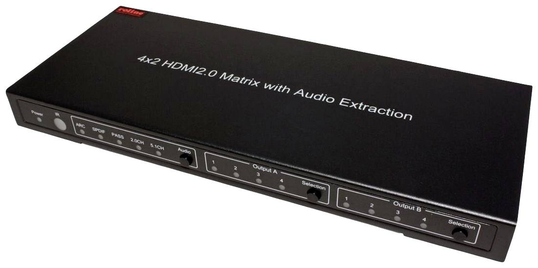 Černé zařízení s nápisem '4x2 HDMI 2.0 matice s extrakcí audia', se dvěma výstupními oblastmi a různými ovládacími prvky.