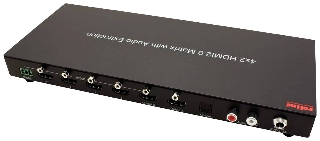 HDMI matrix přepínač se 4 vstupy a 2 výstupy nabízí extrakci audia. Na přední straně jsou umístěny konektory a ovládací tlačítka.