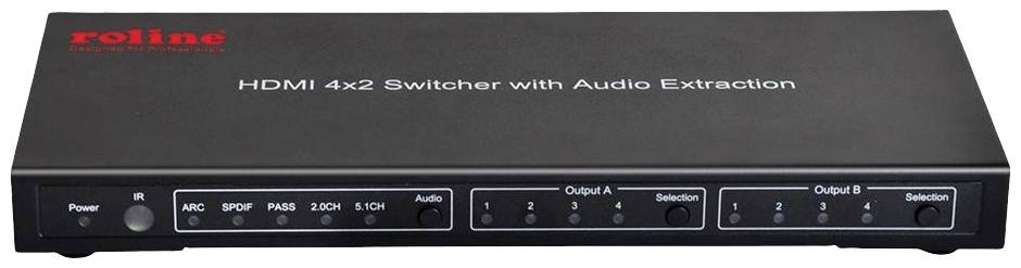 HDMI 4x2 přepínač s extrakcí audia, infračerveným přijímačem, multipřípojné vstupy a výstupy pro audio a video signály.
