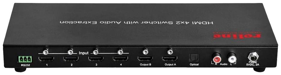 Zařízení 'HDMI 4x2 přepínač s extrakcí audia', pohled zepředu. Zobrazuje konektory: čtyři HDMI vstupy, dva HDMI výstupy, audio a RS-232 konektor.