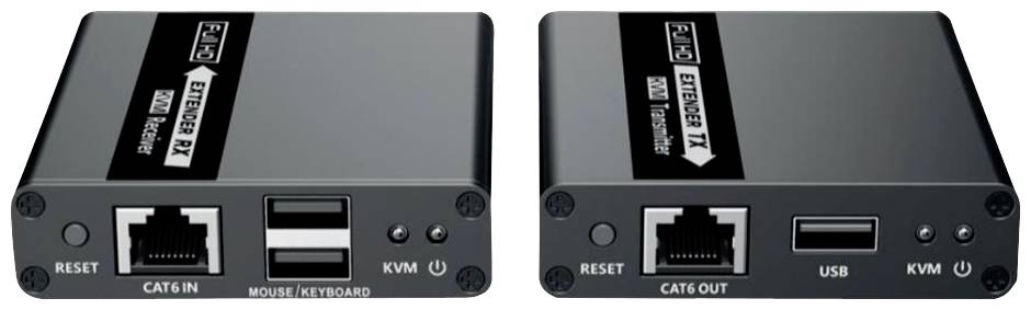Přepínač KVM se 2 porty zobrazuje dvě černé skříňky s ethernetovými a USB konektory pro ovládání několika počítačů z jednoho pracoviště.