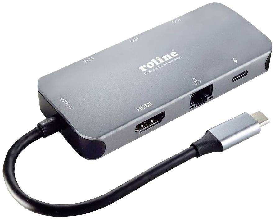 Šedý USB-C adaptér s porty pro HDMI, USB-A, Ethernet a Thunderbolt. Označený logem 'roline'.