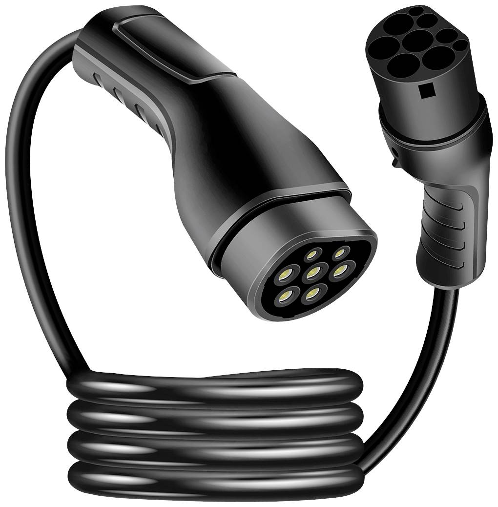 Na obrázku je černý nabíjecí kabel pro elektromobily s vícenásobnou zástrčkou a spirálovitým vedením.