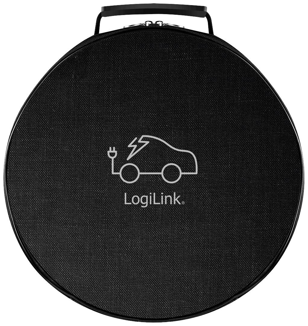 Kulatá černá taška s bílým symbolem elektromobilu a textem 'LogiLink'. Pravděpodobně slouží k uchovávání věcí.