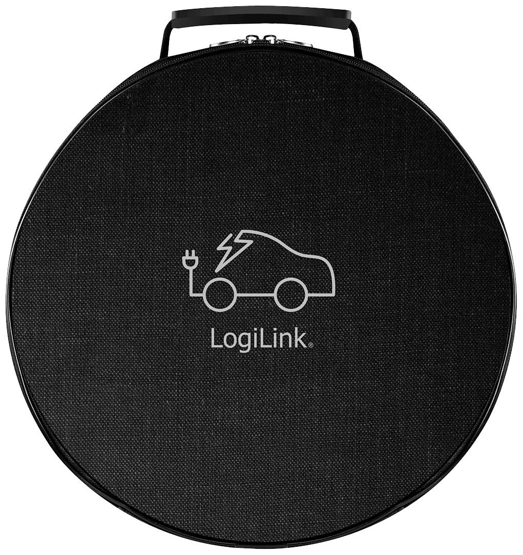 Kulatá černá taška s logem elektromobilu s bleskem a zástrčkou. Pod ním je text 'LogiLink'.