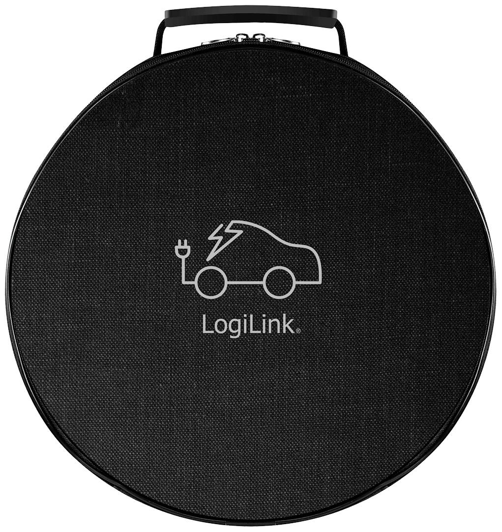Kulatá černá taška se symbolizovaným elektromobilem a nabíjecí zástrčkou, doprovázená textem 'LogiLink'.