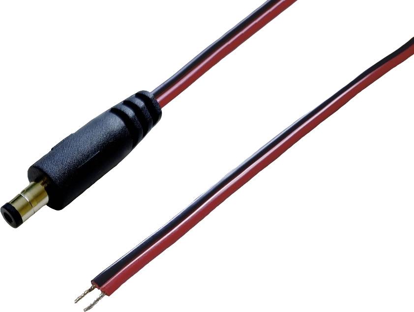 Černočervený elektrický kabel se stejnosměrným konektorem" ukazuje rozdvojený kabel; jeden konec má standardní zástrčku, druhý konec má volné vodiče.