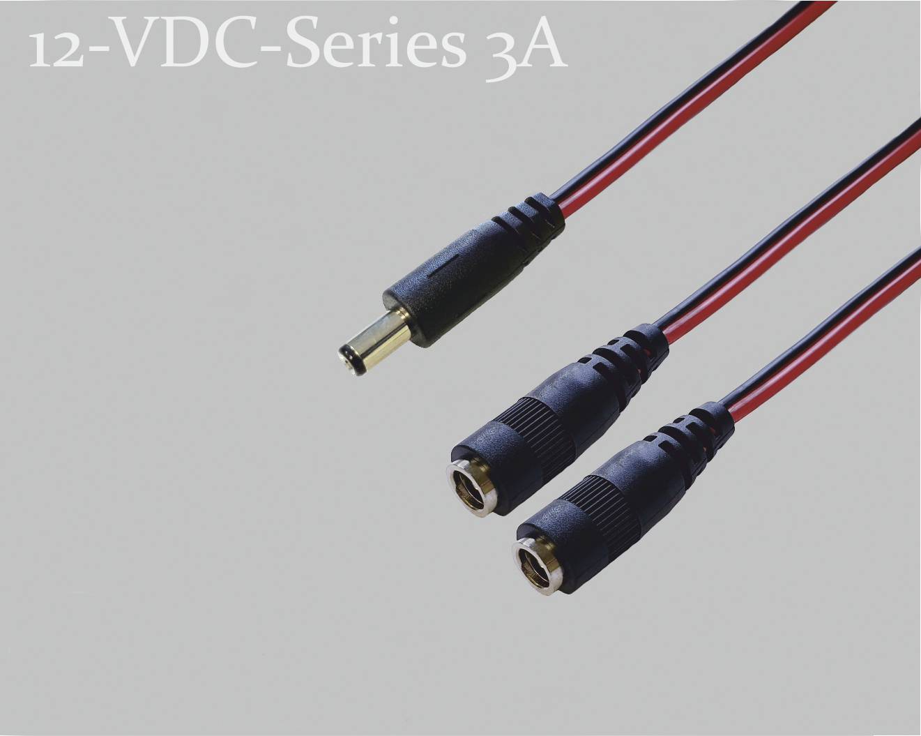 Dva červené a černé DC napájecí kabely s nápisem '12-VDC-Series 3A' v levém horním rohu na šedém pozadí.