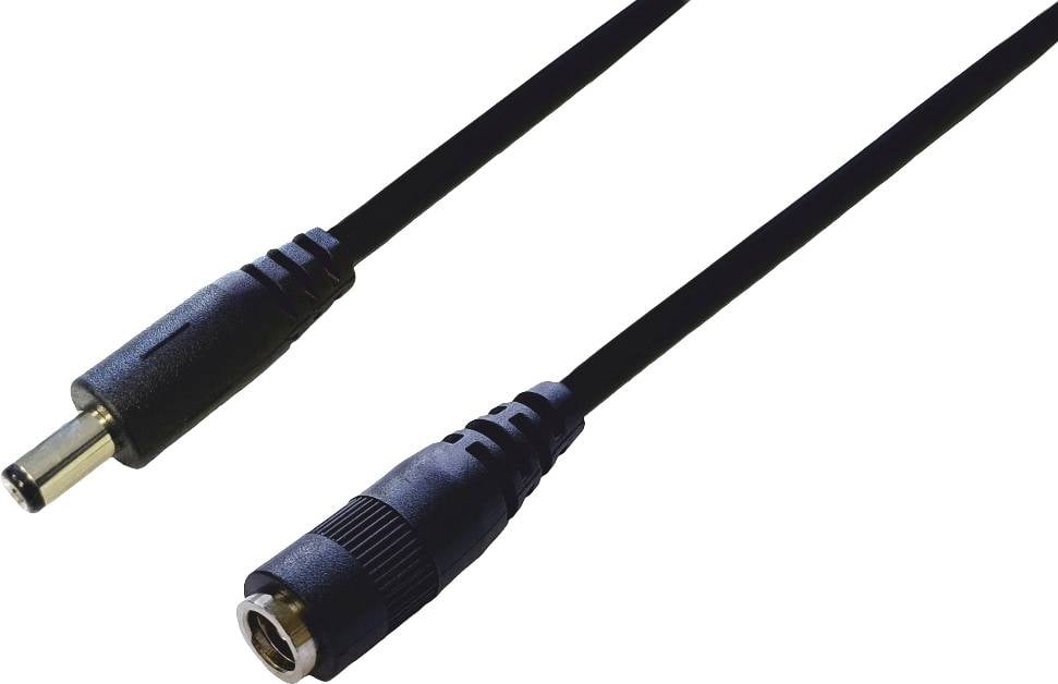 Černý kabel s černým stejnosměrným konektorem samec a samice na koncích, vhodný pro elektronická zařízení.