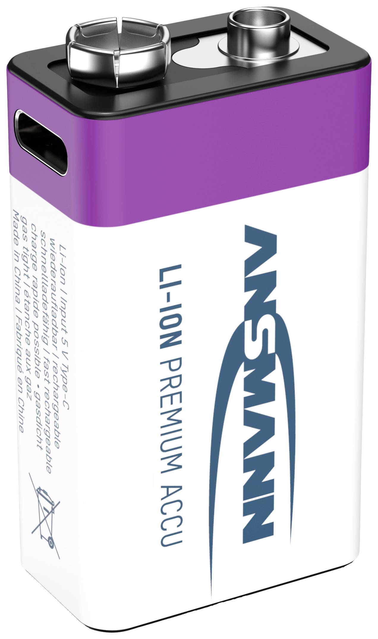 Fialovo-bílý 9V lithium-iontový akumulátor s USB-C konektorem, s názvem značky a označením 'LI-ION PREMIUM AKUMULÁTOR' na přední straně.