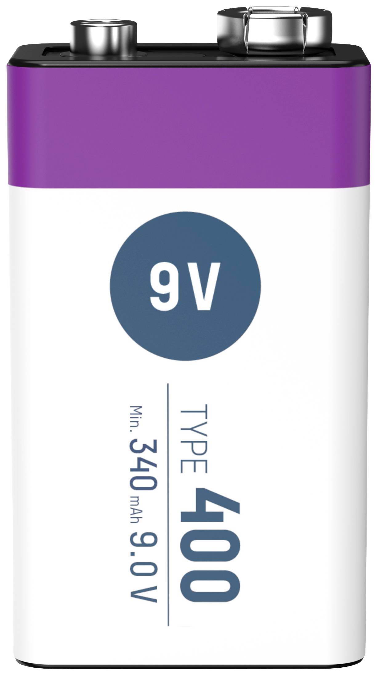 Obdélníkový 9V bateriový blok v bílo-fialovém designu. Nápis: '9V', 'TYP 400', 'Min 340 mAh, 9.0V'.